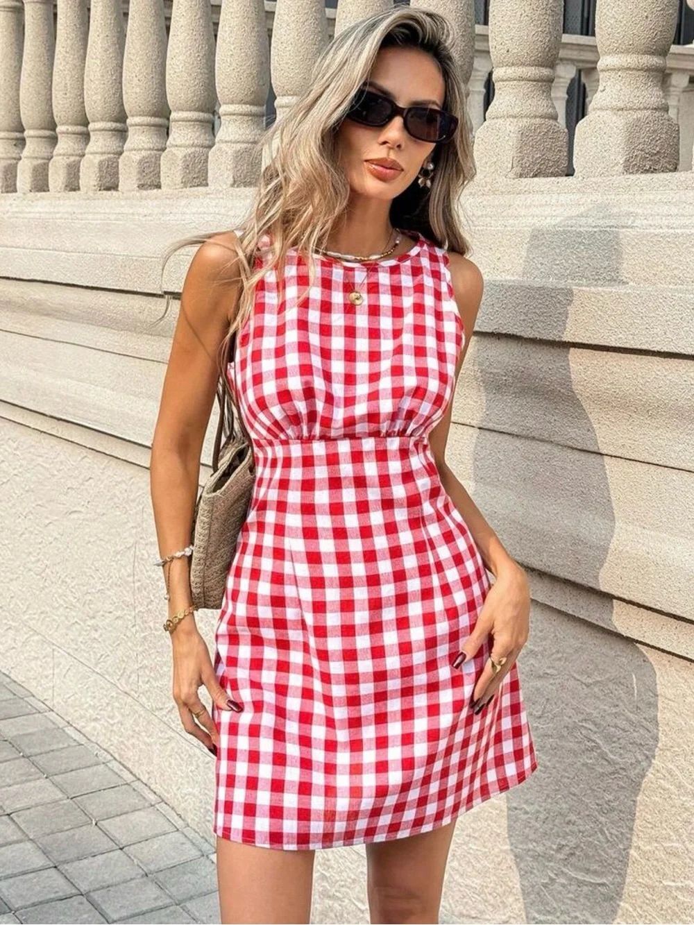 SHEIN Petite Sleeveless Red & White Gingham Fit-and-Flare Dress